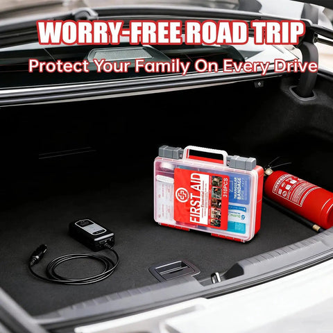 Comprehensive 310 Piece Hard Case First Aid Kit in car trunk for emergencies, red case with fire extinguisher and tools nearby.