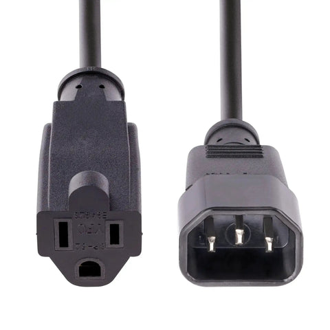 Compact 1ft Computer Power Extension Cord From IEC 60320 C14 To NEMA 5 15R For PC Server Or Home Office Gear 18AWG 125V 10A UL Listed Black Indoor Use AC Outlet Cable showing connector ends.