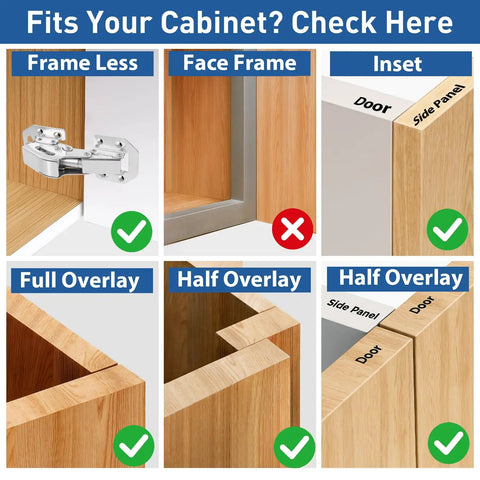 Compatibility chart for soft close cabinet hinges with frame types and overlays, including frameless, full and half overlay.
