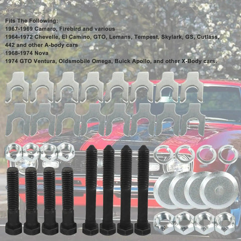 Upper And Lower Control Arm Bolt Kit With Nuts For Classic GM A Body Cars Including Camaro Chevelle Nova Firebird GTO Lemans Tempest Skylark El Camino 1964 Through 1974 Perfect Fit For Restorations And Performance Upgrades with car background
