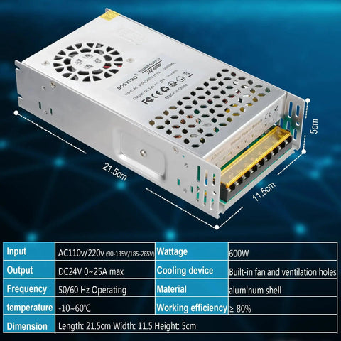 Universal 24V 25A 600W DC Switching Power Supply For 3D Printers, CCTV Security And Projects, Plug And Play SMPS With 110V Input