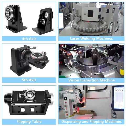 Rotary indexing table 4th axis, hollow center, mounting base
Laser welding machine with circular worktable and fixtures
5th axis rotary stage with 360° rotation and mounting base
Vision inspection machine with circular stage and sensors
Flipping table device with mounting base and cutouts
Dispensing and flipping machine in automated production line