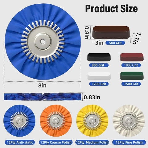 Image displaying Pro Grade 8 Inch Buffing Wheel Polishing Kit For Four Point Five Inch Angle Grinder With Nine Pieces Includes Four Wheels And Five Aluminum Compound Bars Five Eighth Inch Arbor Car Metal And Paint Finishing For A Mirror Finish, showing blue, white, yellow, orange wheels and bars in assorted grits.