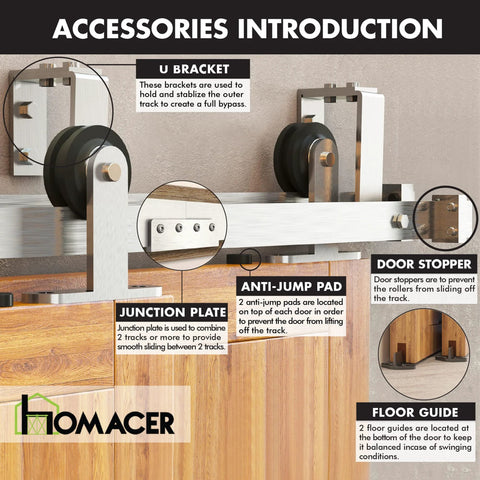Brushed Nickel Sliding Barn Door Hardware Kit With Double Track Bypass For Four Doors U-Shape Bypass On One Track 10ft Flat Track T-Shape Design Rollers with labeled components including U bracket, junction plate, anti-jump pad, and door stopper.