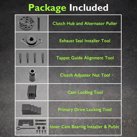 Package contents of Cam Bearing Engine Repair Tool Kit For Twin Cam 1999 To 2017 Gasket Seal Installer And Tappet Guide Alignment Tool Set