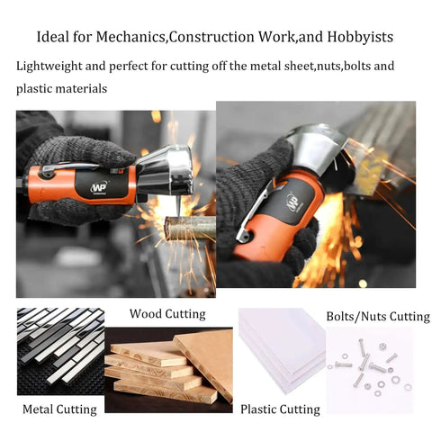 3 Inch Air Cut Off Tool Pneumatic Metal Cutter With 3 Inch Wheel cutting metal, shown with plastic and wood materials.