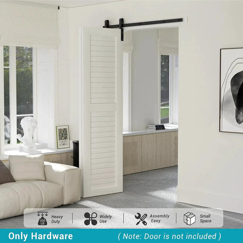 30 Inch Bi Folding Sliding Barn Door Hardware Track Kit installed above a door frame, showcasing smooth side mounted black rollers in a living room.