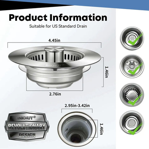Three In One Kitchen Sink Drain Strainer Stopper Basket With Odor Filter And Anti Clog Tech for 3.5 inch Drain Stainless Steel Silver
