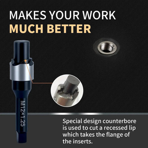 M12x1.25 Thread Repair Kit With Stainless Steel Inserts, showing counterbore tool with recessed lip design.
