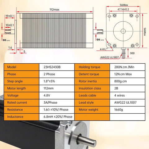 Diagram and specifications of 4 Axis Nema 23 Stepper Motor Kit with 425 oz-in torque, dual 8mm shafts, 112mm motor length for CNC routers.