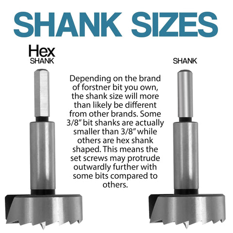 Heavy Duty Six Inch And Ten Inch Forstner Bit Extension Set For Three Eighths Inch Shank Bits shown with hex and round shank sizes.