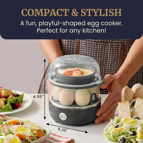 Egg Cooker That Boils Up To 14 Eggs At Once With Two Tier Design, displayed on a kitchen counter with food, black model