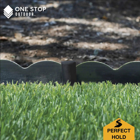 Heavy Duty 10 Inch Plastic Landscape Edging Stakes 50 Pack Black UV Resistant Anchoring Spikes securing turf edge