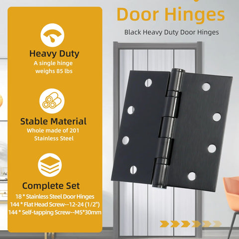 JAVOUKA door hinge set, 4.5 x 4.5 in, black stainless steel heavy-duty hinge with screws
