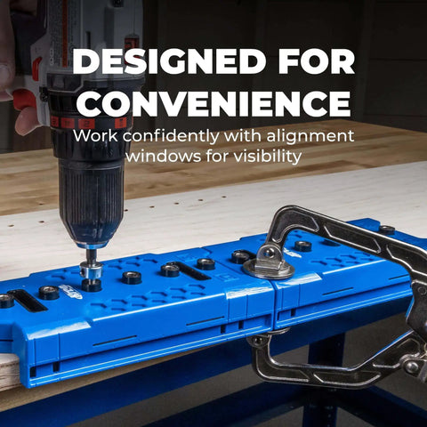 One Quarter Inch Shelf Pin Jig For Cabinets And Furniture With Edge Aligned Precision Hole Drilling Guide in use with clamp and drill