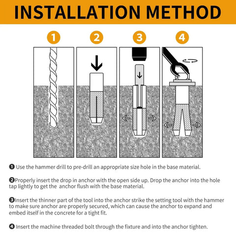 Installation method for Drop In Anchors For Concrete One Half Inch By Thirteen Thread Size Zinc Plated Industrial Strength