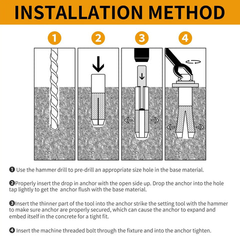 Illustration showing installation method for Drop In Anchors 20 Pack Three Eighths Inch 16 Thread Zinc Plated For Concrete