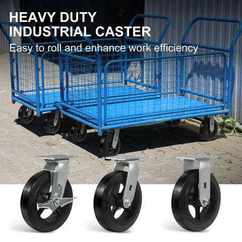 Heavy Duty 8 Inch Swivel Caster Wheels Set of 4 with Rubber Tread and Cast Iron Core, installed on industrial cart