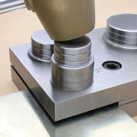 Pro Grade Circle Disc Cutter Set with Four Punches and Die for Cutting Clean Circles from Soft Metal up to 14 Gauge shown in use