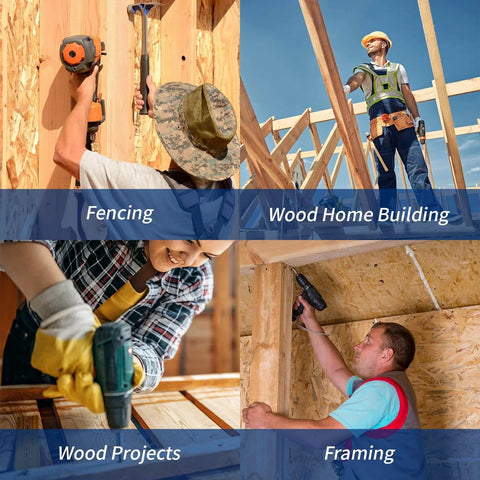 Collage of outdoor wood construction projects including fencing, wood home building, wood projects, and framing.