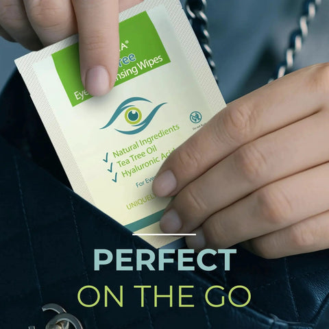 Person placing Tea Tree Oil Eyelid And Lash Wipes with Hyaluronic Acid And Green Tea Chamomile into a handbag