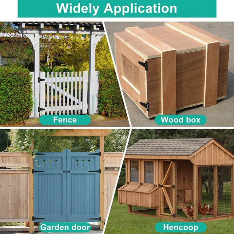 Four applications of Six Pack 2 Inch T Hinges For Doors And Gates In Outdoor Black Finish on fence, wood box, garden door, and hencoop.