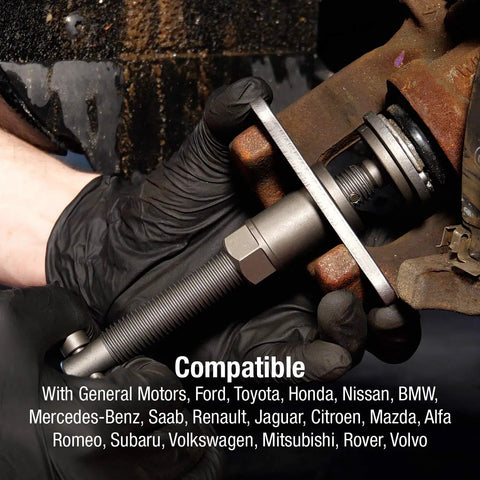 Sunex Tools 3930 brake caliper wind-back tool set in use on a rusty automotive brake assembly