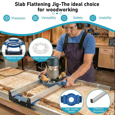 Person using Pro Grade Slab Flattening Jig For Woodworking Routers on wooden slab with adjustable rails, in workshop setting.