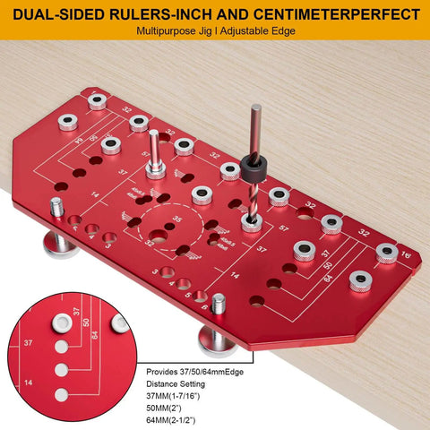 2 In 1 Shelf Pin Jig And Hinge Jig Kit Pro Grade Aluminum Alloy Woodworking Template with drill bits on a wooden surface
