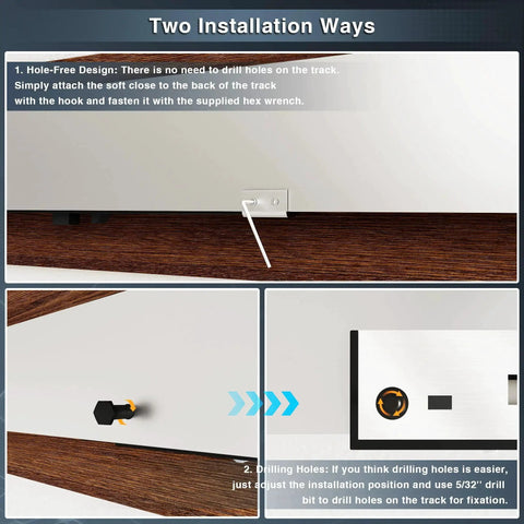 Two Pack Stainless Steel Barn Door Soft Close Mechanism For Flat Track With Adjustable Weight Up To 160 Pounds Universal Compatibility Hole Free Installation Or Drilled Track Optional Effortless Smooth Opening And Closing Silver showing installation methods on wooden surface