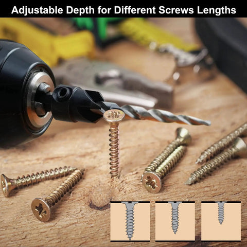 Three Piece Countersink Drill Bit Set For Woodworking And Carpentry With M2 HSS Tapered Bits And Four Flute Countersink Cutter One Quarter Inch Hex Shank Quick Change Includes Allen Wrench Pilot Screw Hole Set For Precise Recesses Pro Grade, shown with screws and adjustable depth guide.