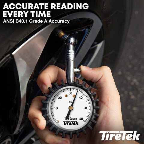 TireTek analog tire pressure gauge for cars with white 0–60 psi dial, chrome stem, black rubber bumper.