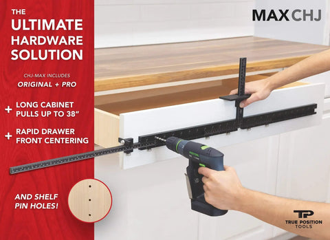 Person using Cabinet Hardware Jig For Long Pulls And Shelf Pin Holes Install 32mm Holes On Shaker Doors And Recessed Fronts Made In USA Hand Calibrated By True Position Tools Ultra Versatile DIY Friendly Pro Grade Kitchen Cabinetry Tool on a drawer.