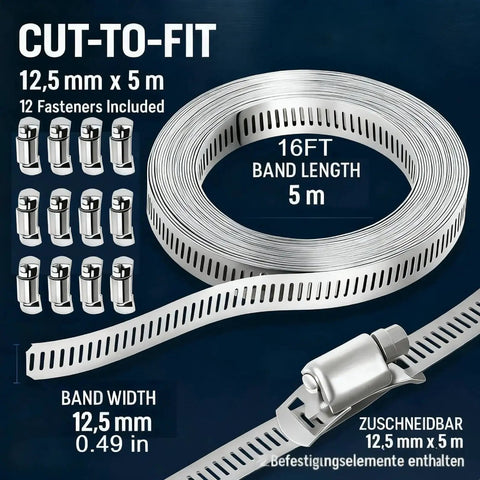 Stainless Steel 304 Hose Clamp Kit with 16 ft strap, 12 fasteners, adjustable worm gear, for pipe duct tube, waterproof and corrosion resistant