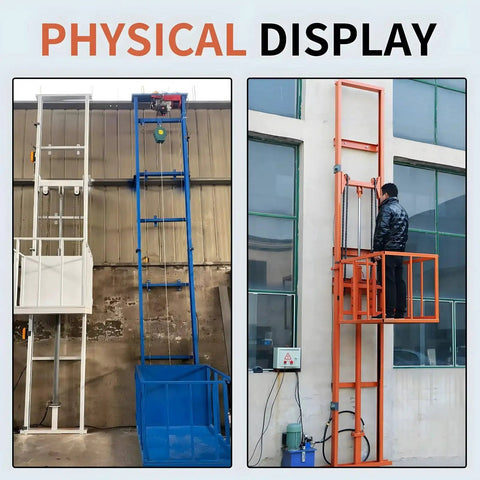Electric lift platform with vertical rails; left white/blue unit, right orange wall-mounted lift with operator.