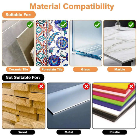 Material compatibility for Dry Diamond Drill Bit Set For Glass And Tile, 5 Piece Extended Core Bits For Porcelain Ceramic And Marble showing suitable and not suitable materials