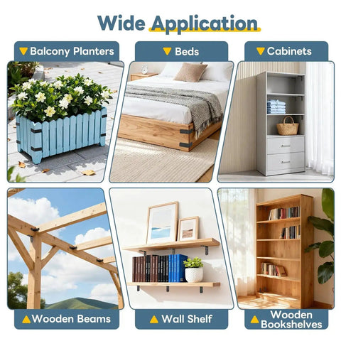 Image showing various uses for Beefy Heavy Duty 3x3x1.2 Inch L Bracket Set, including balcony planters, beds, cabinets, wooden beams, shelves, and bookshelves.