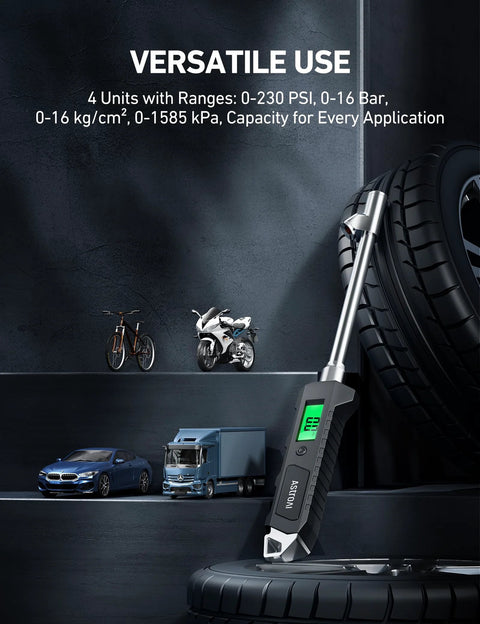 AstroAI heavy-duty digital tire pressure gauge with stainless steel stem, backlit LCD and flashlight, 0-230 PSI