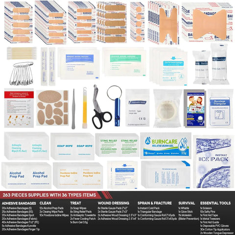 263-piece All In One First Aid Kit For Car Home Travel Camping And Office in compact waterproof hard case with bandages and tools displayed.