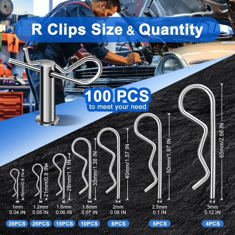 R Clips sizes in Premium 220 Piece Cotter Pin Assortment Kit Featuring 13 Sizes In 304 Stainless Steel Heavy Duty R Clips Hairpin Split Pins For Automotive Trailer And Pin Lock Systems Durable Rust Resistant Hardware Pins Set.