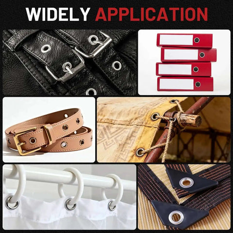 Collage showing diverse uses of 3/8-Inch Grommet Kit With Handheld Eyelet Pliers, on belts, binders, tarps, curtains, and flags.
