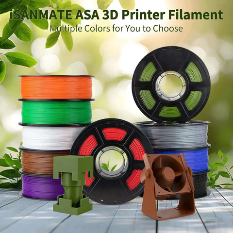 Colorful ASA 3D printer filament spools with printed fan and structure on display; multiple spools in vibrant colors.