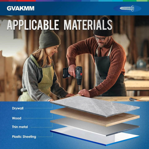 Two people using a drill above diagrams showing materials like drywall, wood, thin metal, and plastic sheeting.