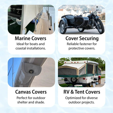 Marine Grade Twist Fasteners Turn Button Eyelets For Canvas With Clinch Plate And Flex Washer installed on various covers