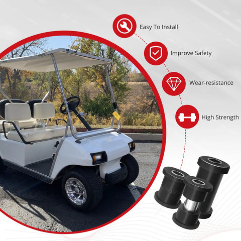 Club Car DS suspension bushing kit; three black bushings with metal sleeves, displayed beside a white golf cart