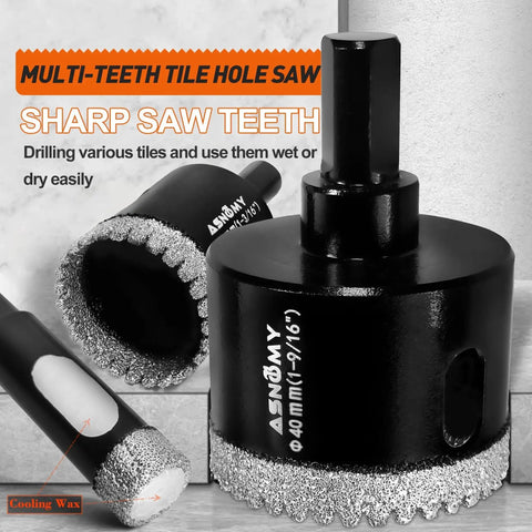 Close-up of 10 Piece Serrated Diamond Hole Saw Set One Quarter Inch to Two Inch Core Drill Bits for Porcelain Tile Glass Ceramic Stone Granite Marble with EVA Guide Jig and Tough Hardened Steel Body.