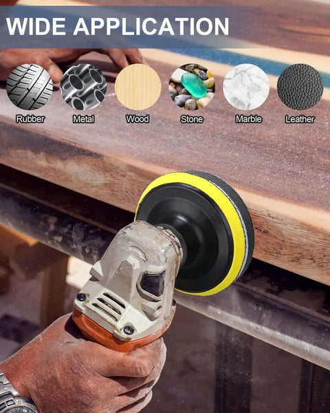 Using All In One 261 Piece 3 Inch Sanding Discs Kit on wood surface, highlighting multiple applications for metal, stone, and rubber.