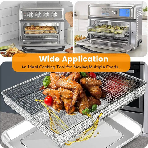 Stainless Steel Mesh Air Fryer Basket Replacement For Convection Toaster Ovens That Fits TOA-60 TOA-65 TOA-70 with cooked chicken wings