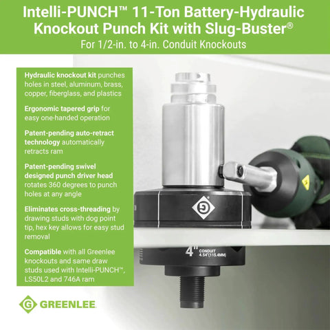 11-Ton Battery Hydraulic Knockout Punch Kit With Slug Buster for 1/2 to 4 Inch Conduit, shown with ergonomic grip and auto-retract feature