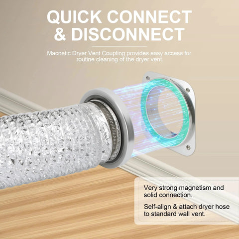 Magnetic Dryer Vent Connector Kit DV180 One Second Snap Connection Self Aligning Magnets Airtight Seal Easy to Clean Includes 3ft Duct and 2 Clamps For Fast Kink Free Dryer Vent Maintenance connection illustration